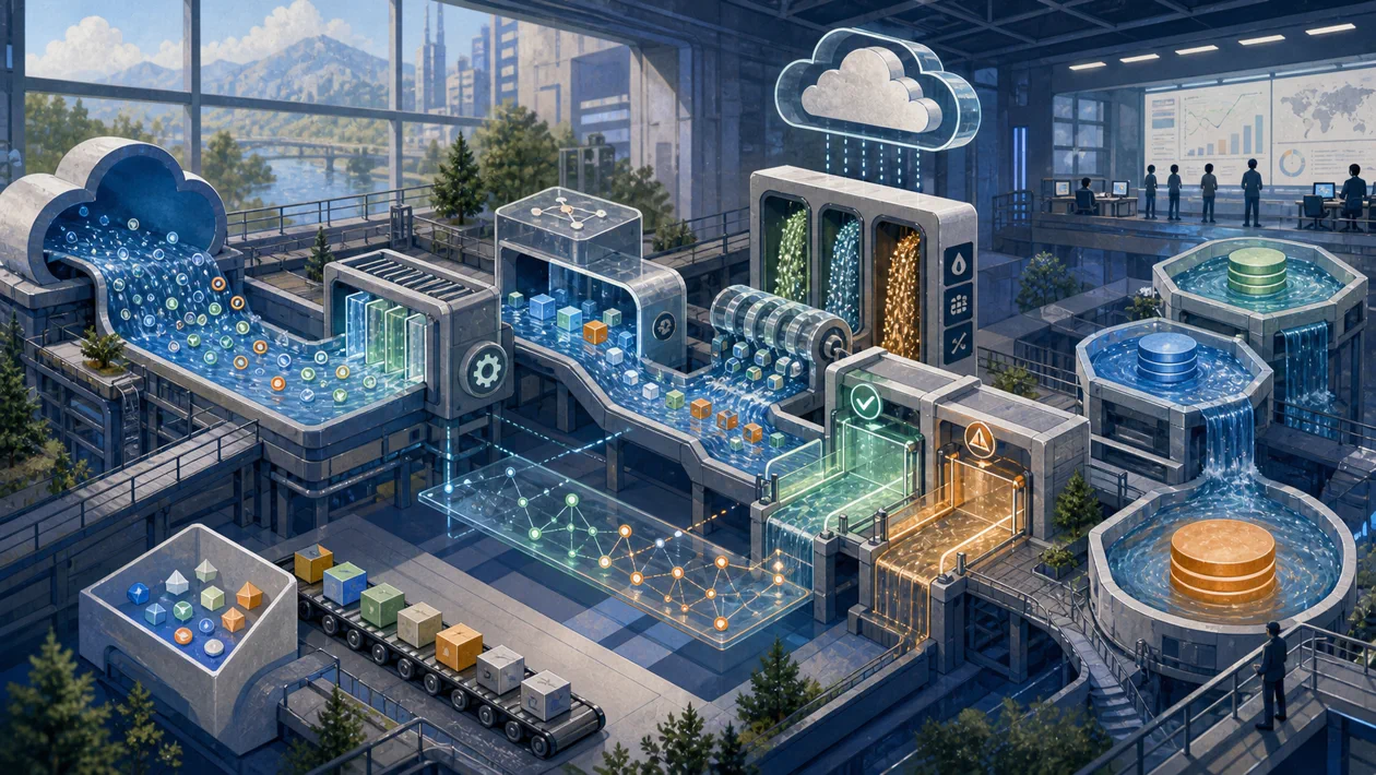 Illustration zu Google Cloud Dataflow: Datenkanaele fuehren Streams und Batches durch Transformationsstationen
