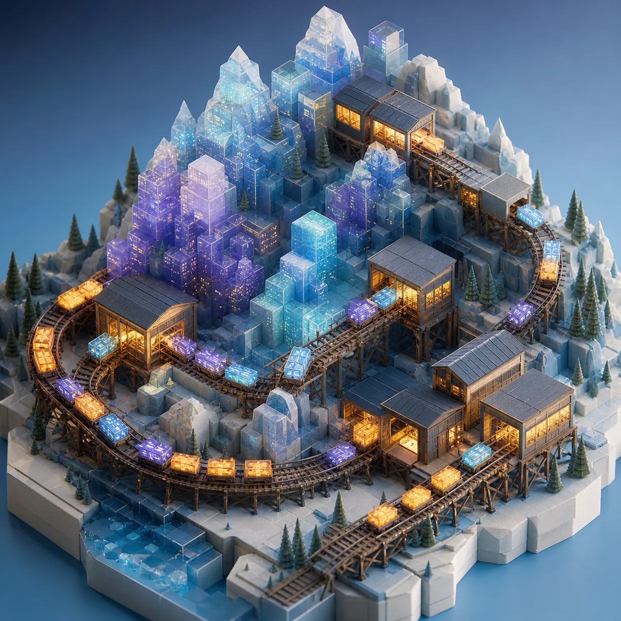 Illustration for Google Cloud Dataproc: data processing cluster as a crystal mountain landscape