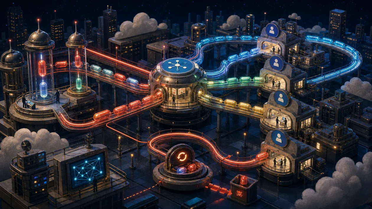 Illustration for Google Cloud Pub/Sub: message capsules travel through topic stations to subscriber docks