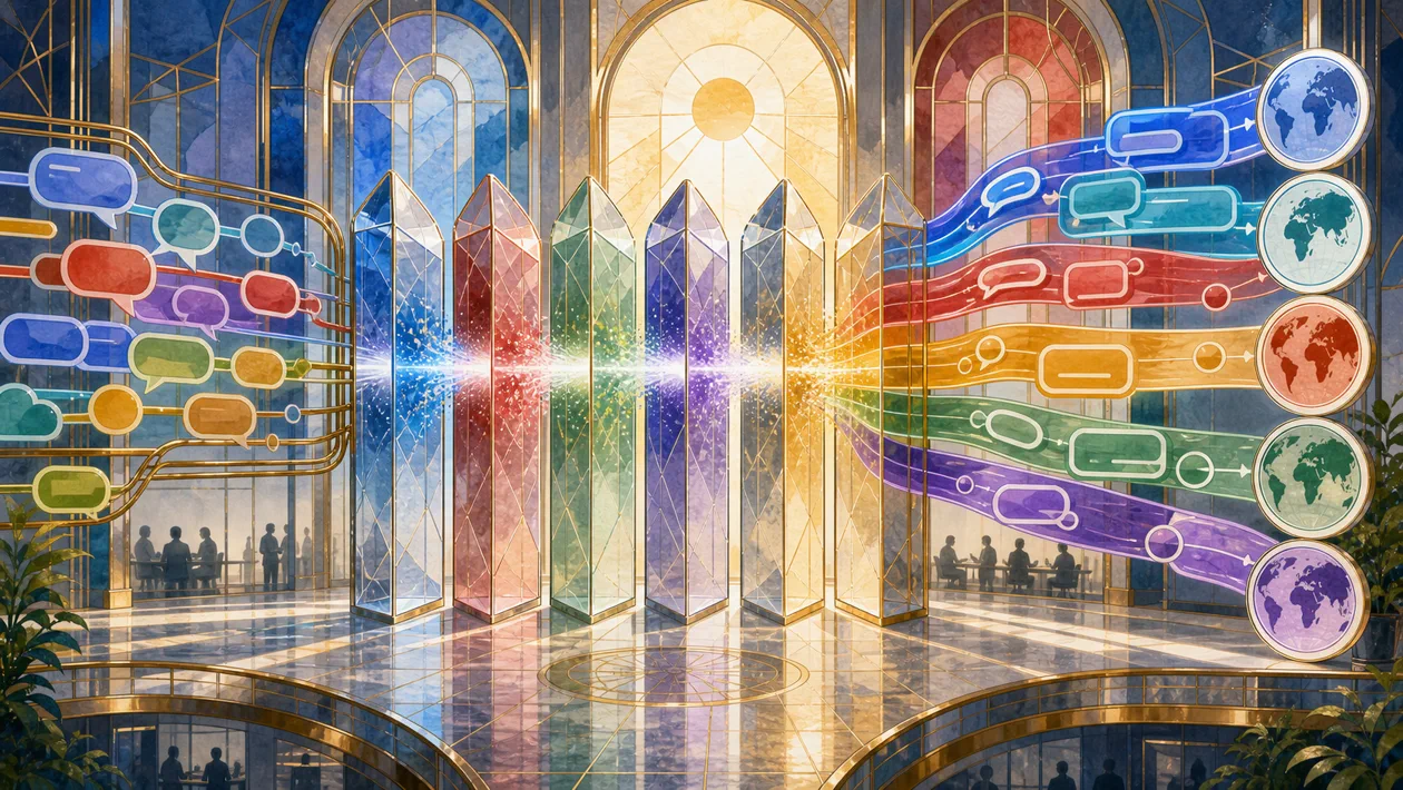 Illustration zu Google Cloud Translation: Sprachsignale laufen durch farbige Uebersetzungsprismen