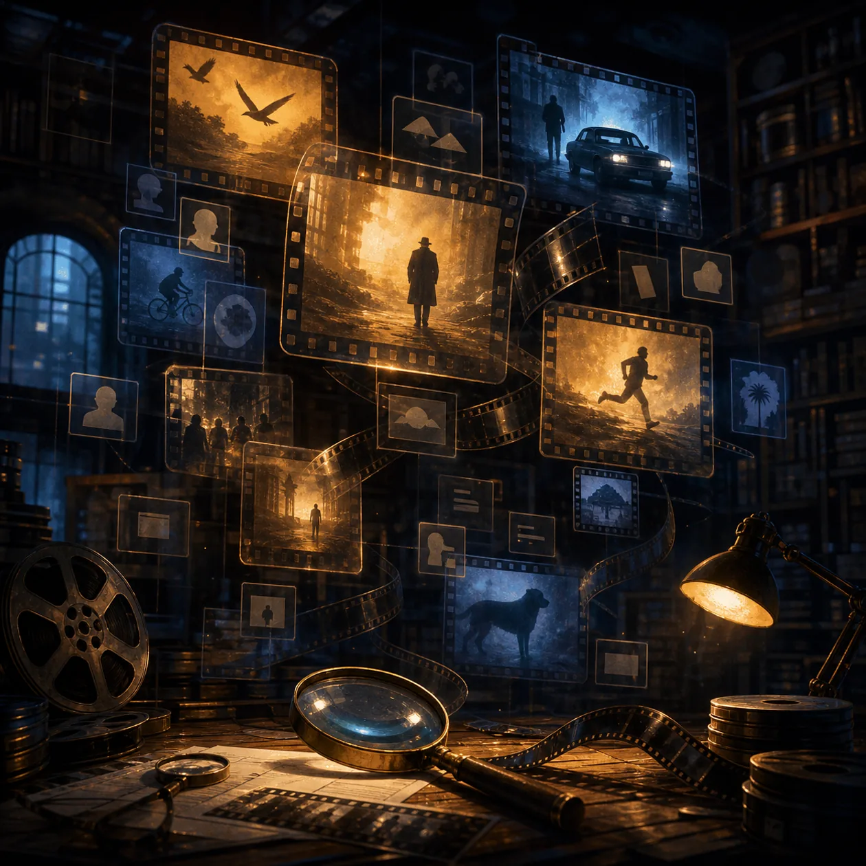 Illustration for Google Cloud Video Intelligence: film archive with floating scene frames and analysis light