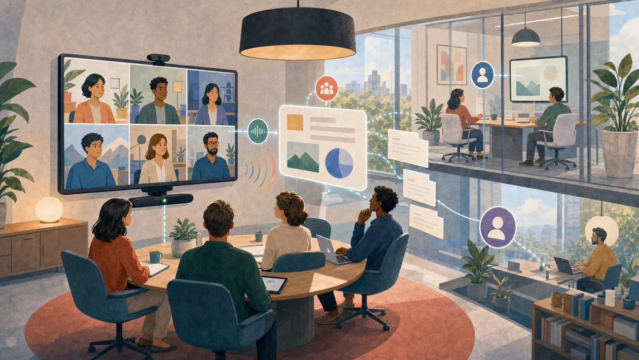Illustration for Google Meet: hybrid meeting room connects video windows, notes and speech signals