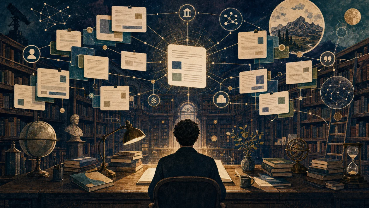 Illustration zu Google Scholar: Zitationsbibliothek verbindet Studienkarten und Forschungsfragen