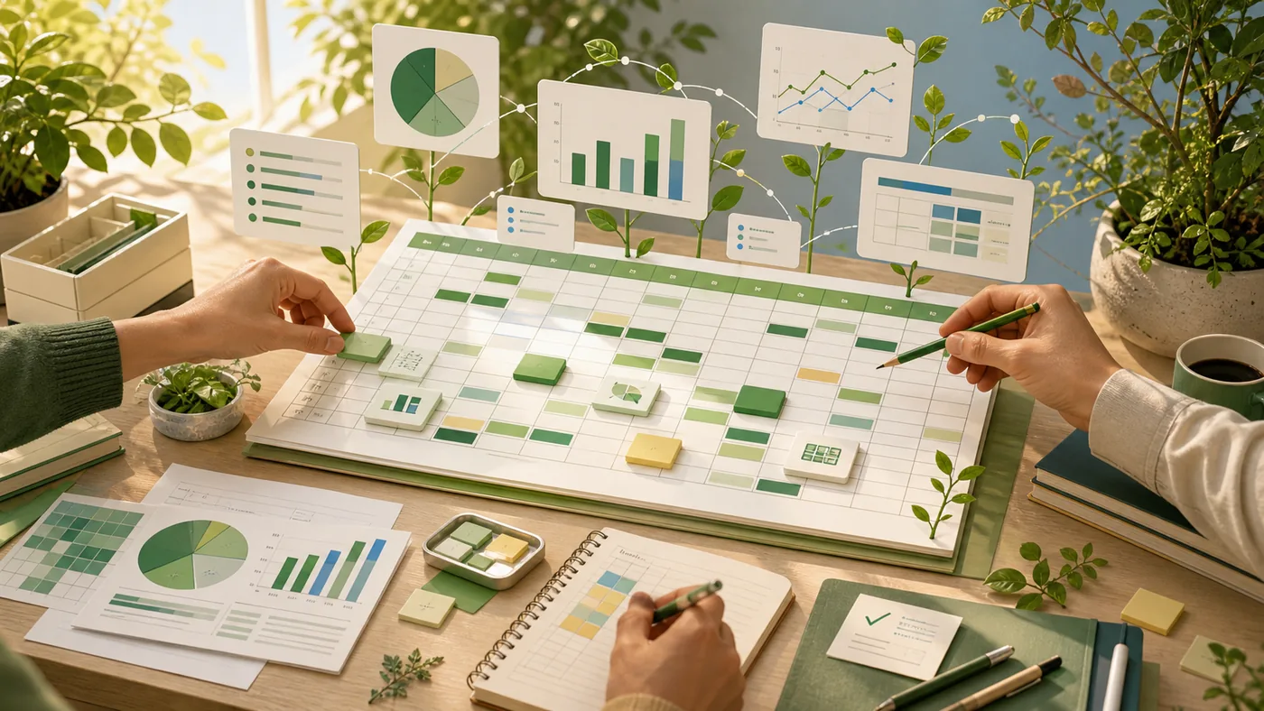 Illustration zu Google Tabellen: Tabellenraster, Formelfäden und Diagramme werden zum Planungsboard