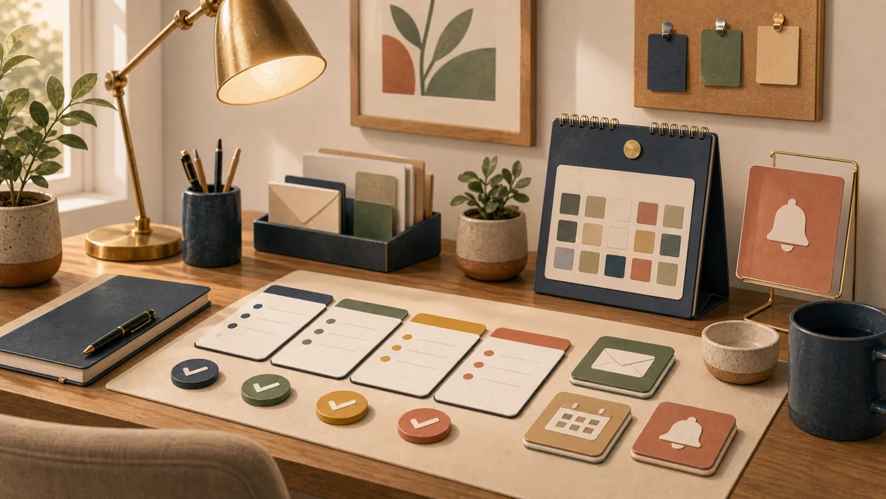 Illustration for Google Tasks: quiet desk organizes tasks, reminders and calendar tiles