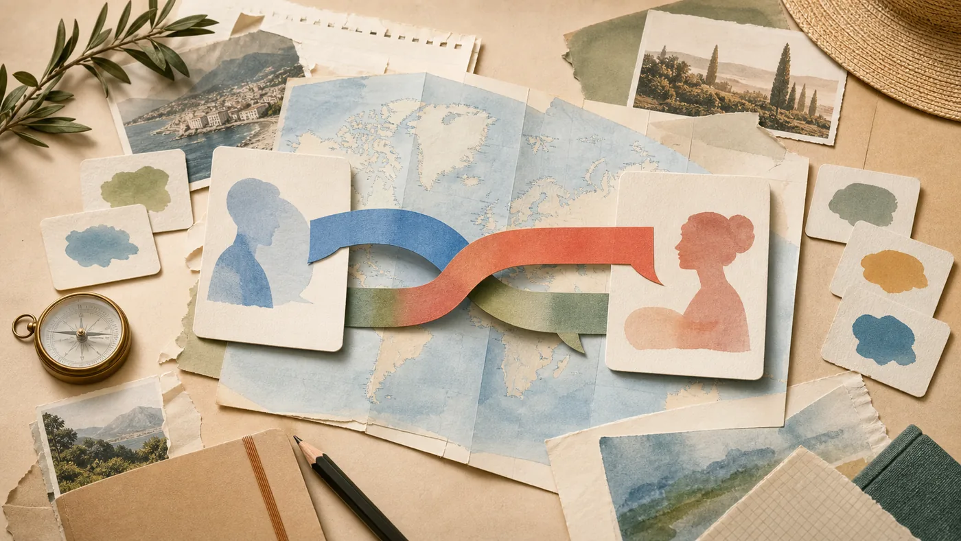 Illustration zu Google Translate: abstrakte Sprachkarten und Reisekarten verbinden sich zu einem ?bersetzungsfluss