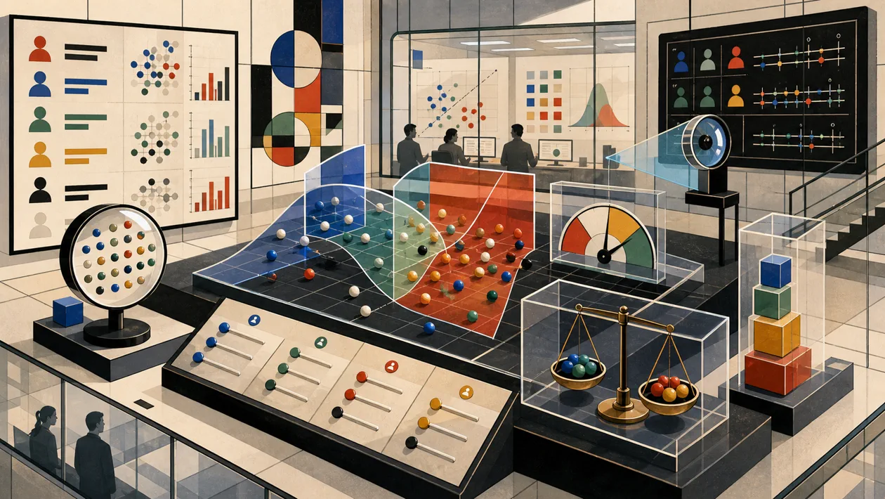 Illustration zu Google What-If Tool: Modellpruefung mit Szenario-Linsen, Datenpunkten und Fairness-Waage