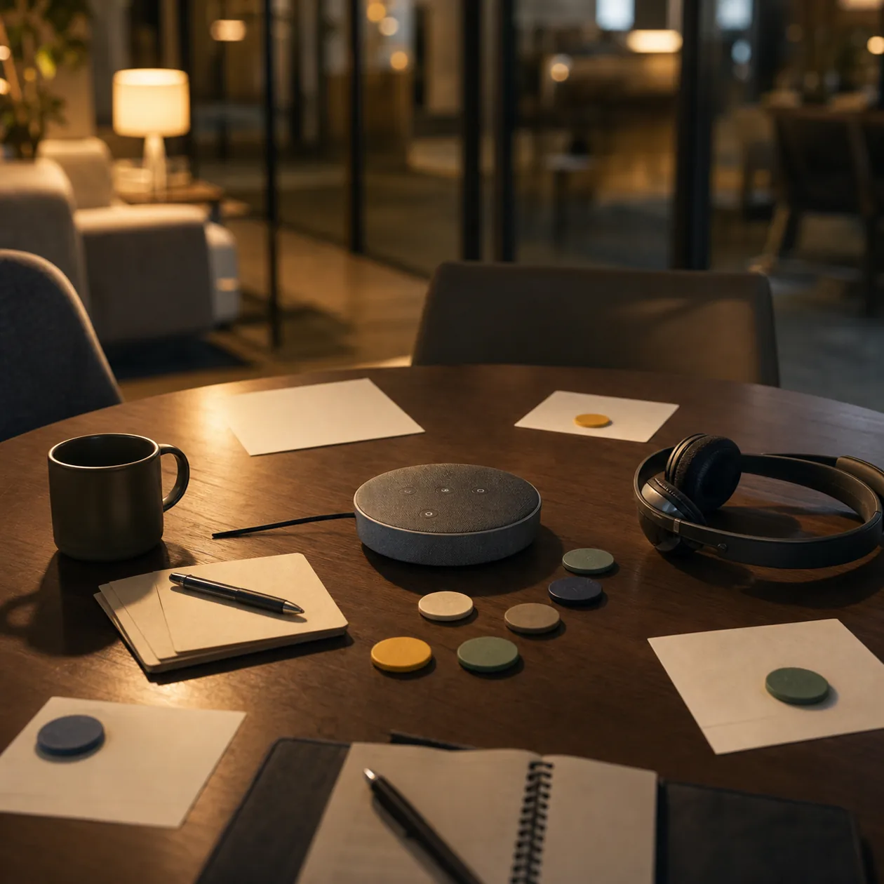 Illustration zu GoToMeeting: hybrider Besprechungstisch mit Sprechergeraet und Notizkarten