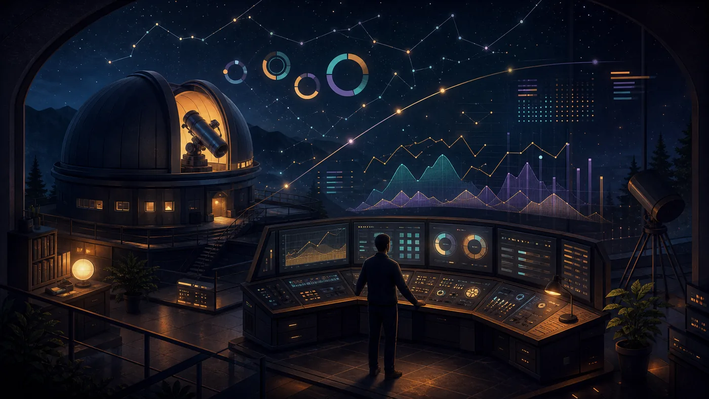 Illustration zu Grafana: Datenkonstellationen leuchten ?ber einem Observability-Kontrollraum