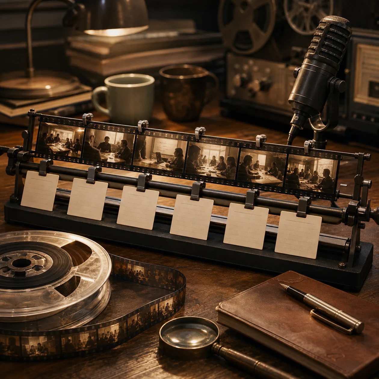 Illustration for Grain: recording desk with meeting filmstrip and highlight cards