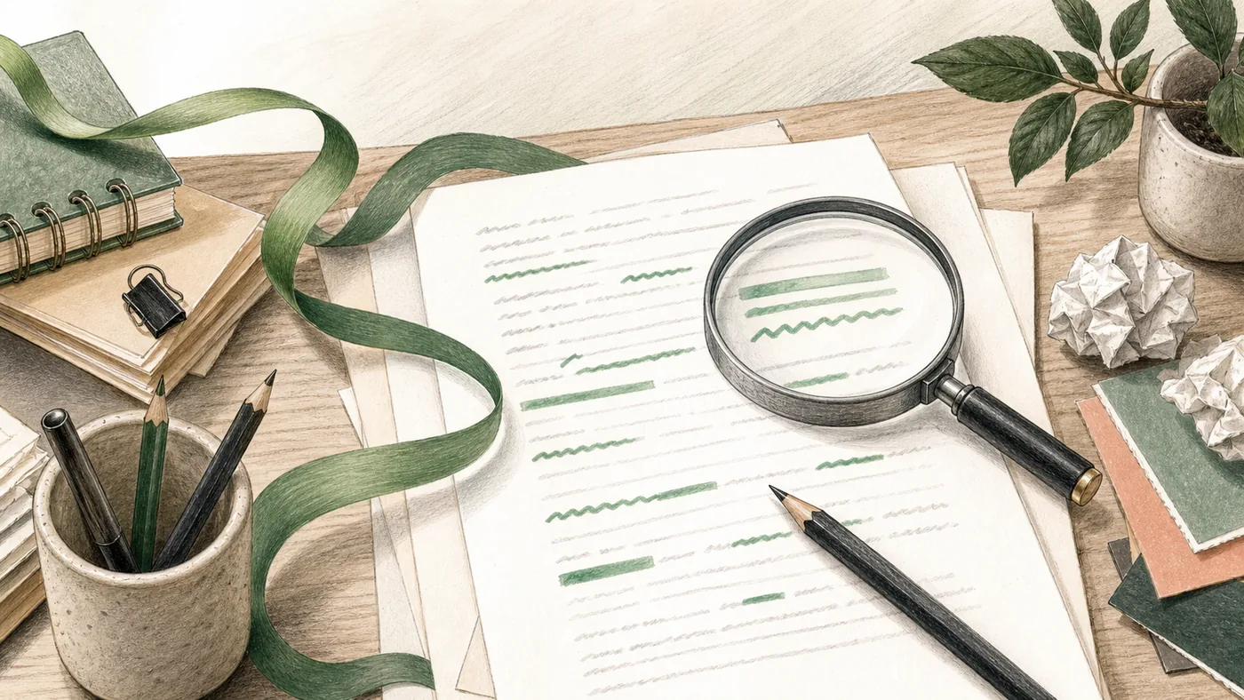 Illustration zu Grammarly: ein Schreibplatz mit gr?ner Korrekturschleife und ruhiger Textpr?fung