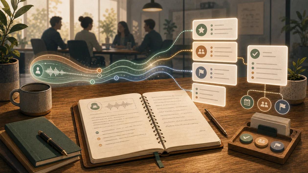 Illustration zu Granola: Meetingnotizbuch sammelt Sprachwellen, Entscheidungen und Aufgaben