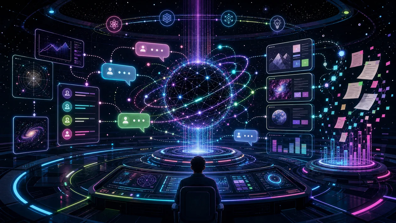 Illustration zu Grok: Kosmisches Dialog-Cockpit erkundet Fragen, Kontext und Quellenfragmente
