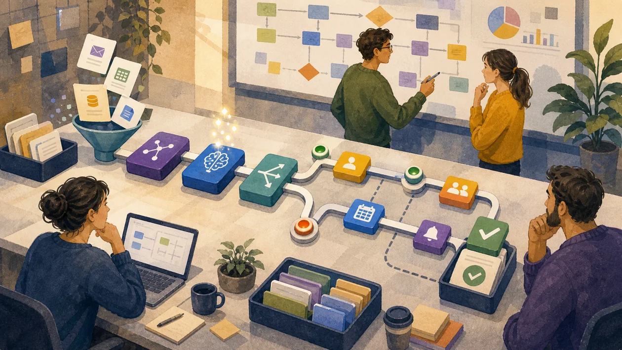 Illustration zu Gumloop: No-Code-Workflow aus KI-Schritten, Freigaben und Ergebnispruefungen