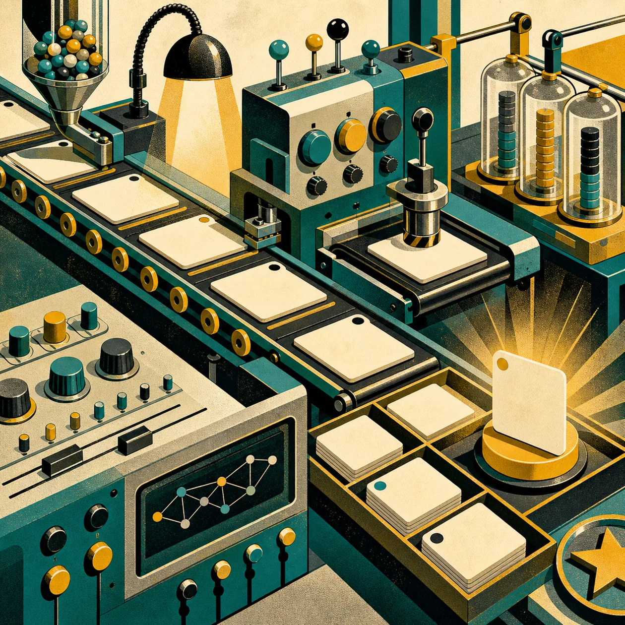 Illustration zu H2O AutoML: Modellwerkstatt mit Foerderband und Abstimmstationen