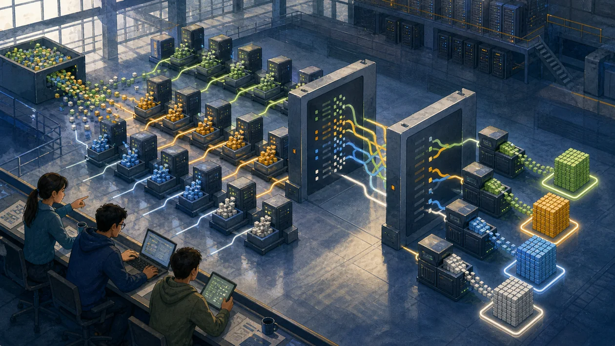 Illustration zu Hadoop MapReduce: verteilte Datenverarbeitung mit parallelen Worker-Knoten und Ergebnisstapeln