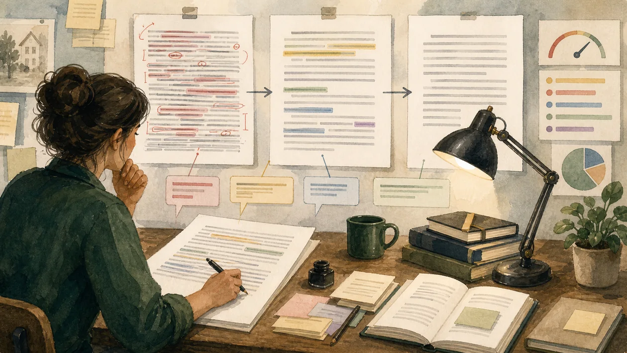 Illustration zu Hemingway Editor: Manuskript wird durch klare Bearbeitungsschritte lesbarer