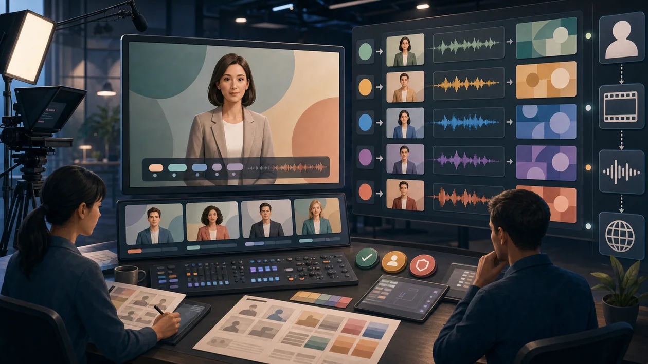 Illustration zu HeyGen: Avatar-Video-Produktion mit Storyboard, Sprachspuren und Freigabe