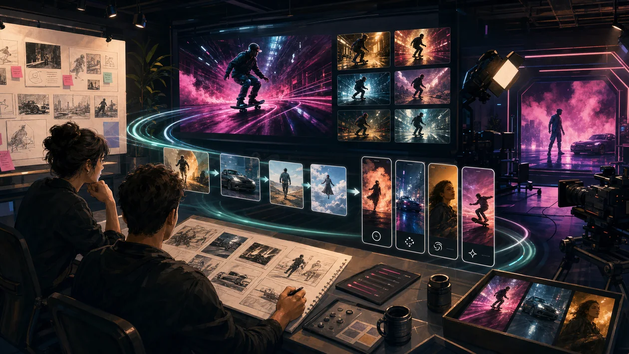 Illustration zu Higgsfield: KI-Videolabor mit Storyboards, Kamerapfaden und Clip-Varianten