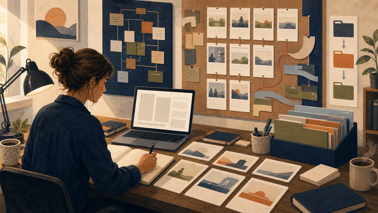 Illustration for Highland: writing studio organizes scenes, drafts, and screenplay structure