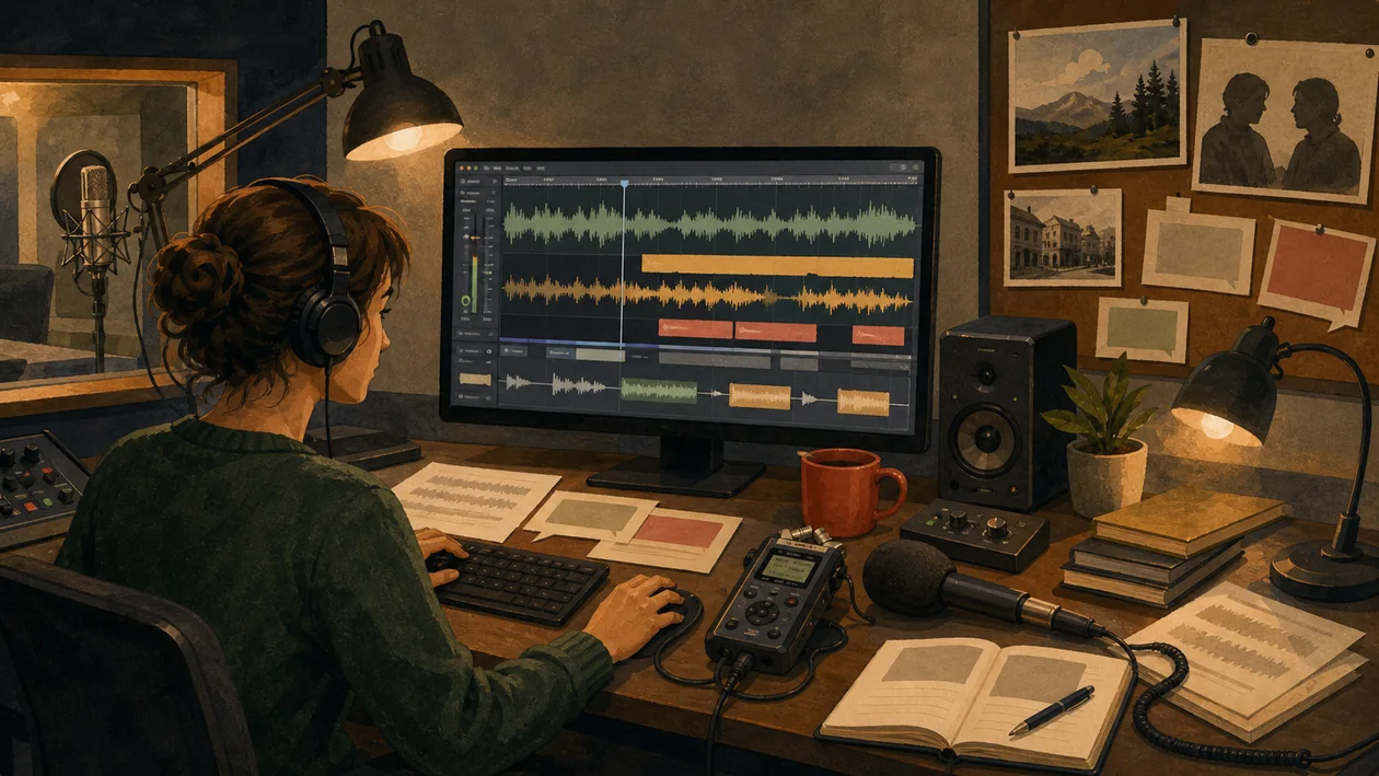 Illustration zu Hindenburg Journalist: Audio-Redaktion schneidet Interviewspuren und Story-Timeline