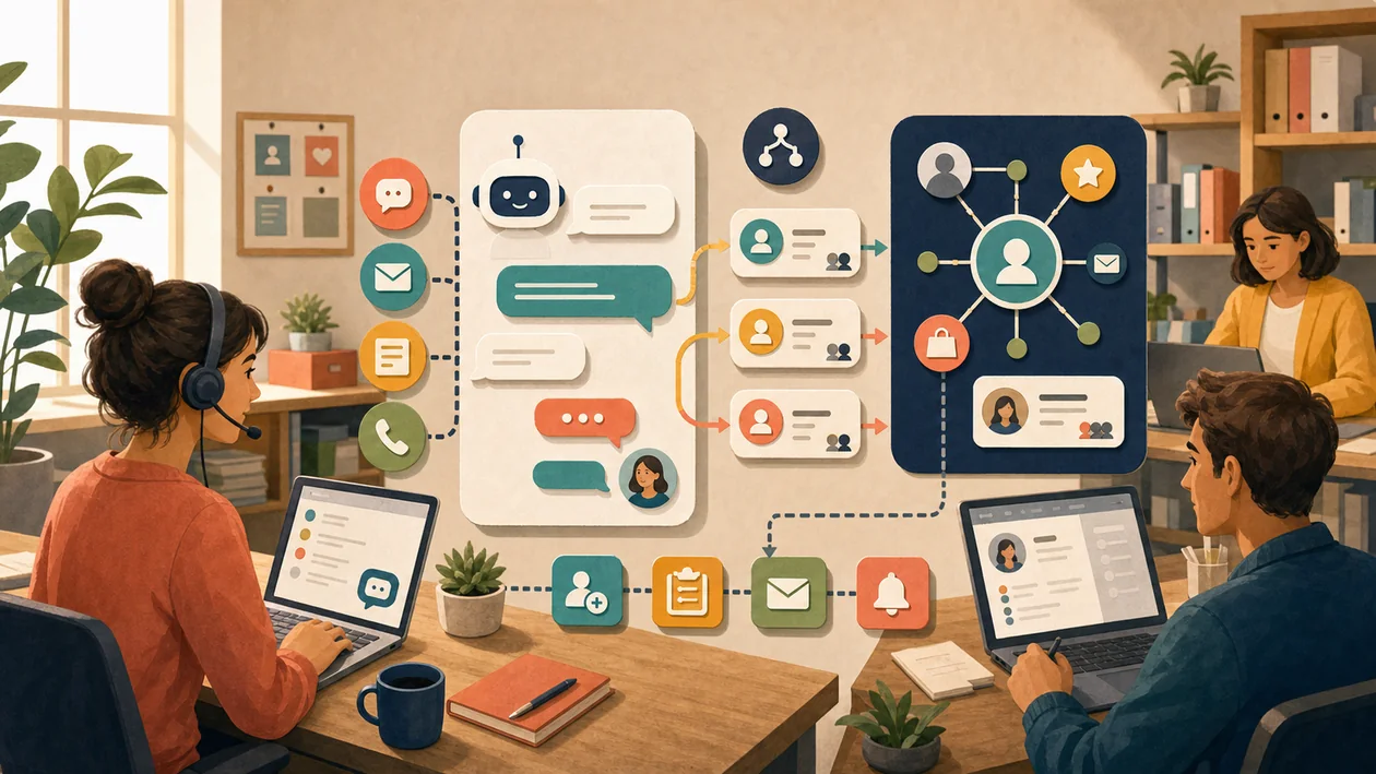 Illustration zu HubSpot Chatbot: Chatbot-Flows verbinden Kundenanfragen, Kontaktkarten und Support-Handoffs