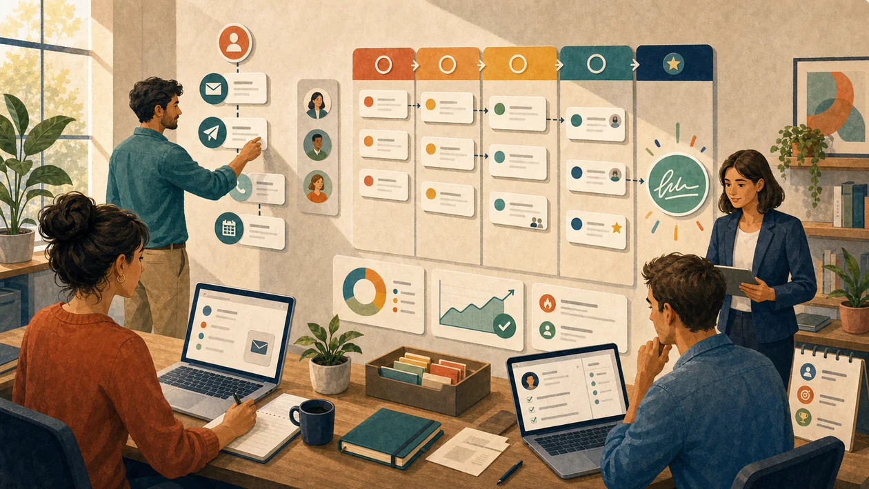 Illustration zu HubSpot Sales: Vertriebsteam steuert Outreach, Deal-Stufen und Follow-ups