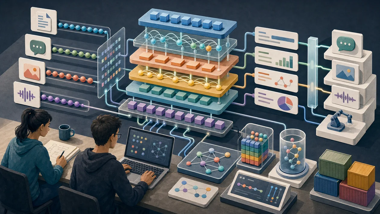 Illustration zu Hugging Face Transformers: Tokenstroeme und Modellmodule werden im KI-Labor zusammengesetzt
