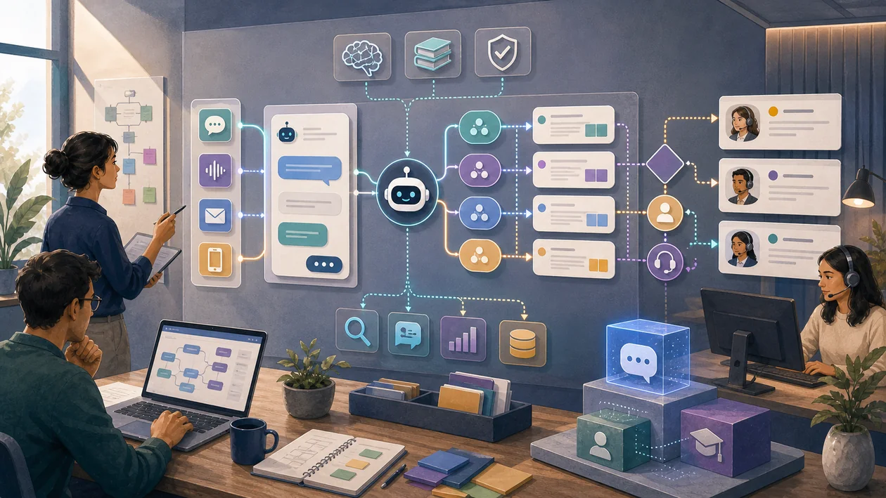 Illustration zu IBM Watson Assistant: Dialogkarte verbindet Intents, Kanaele und Support-Eskalation