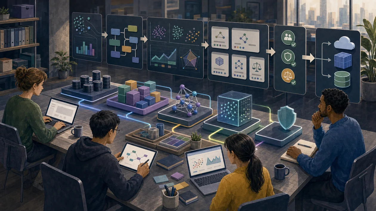 Illustration zu IBM Watson Studio: Data-Science-Studio mit Datensaetzen, Notebooks und Modellfreigaben