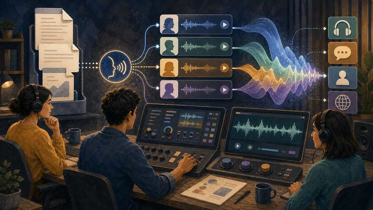 Illustration zu IBM Watson Text to Speech: Dokumentseiten verwandeln sich in Sprachwellen und Audiopruefung