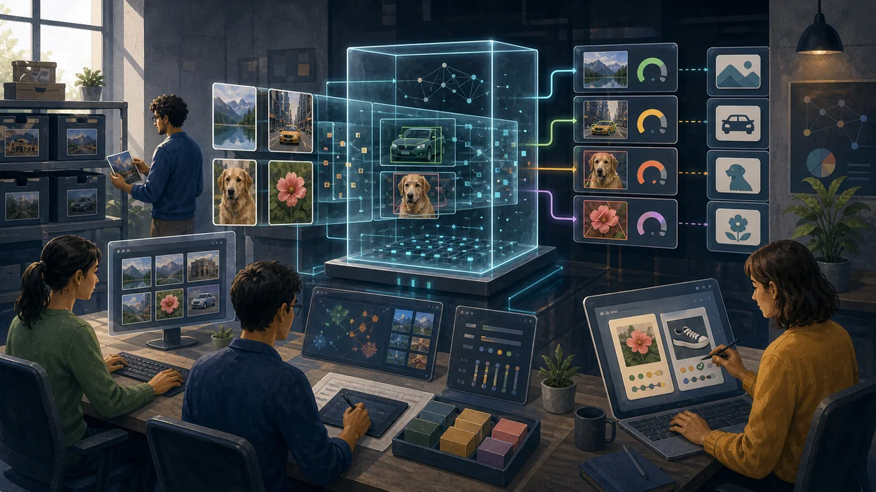 Illustration zu IBM Watson Visual Recognition: Bildkacheln laufen durch visuelle Analyse und menschliche Pruefung
