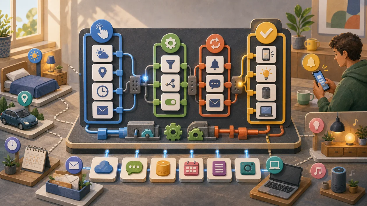 Illustration zu IFTTT: Ausloeser und Aktionen verbinden Apps, Geraete und Routinen auf einem Automationsbrett