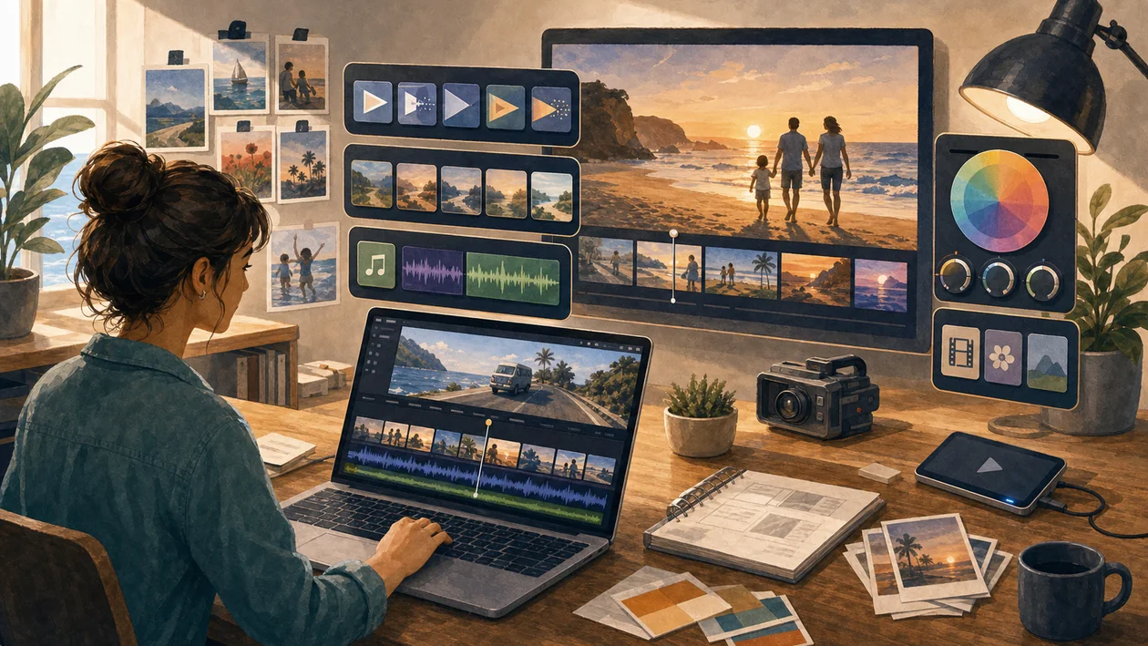 Illustration zu iMovie: Videoschnittplatz mit Clipstreifen, Musikspuren und einfachen Exporten