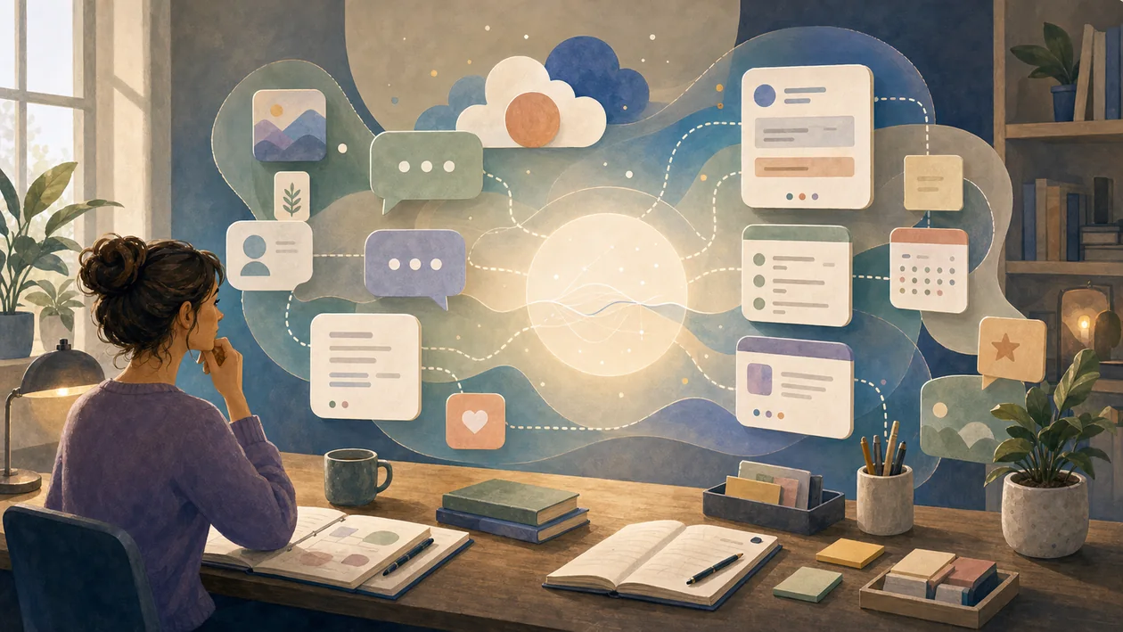 Illustration for Inflection: conversational assistant organizes message cards, planning, and context