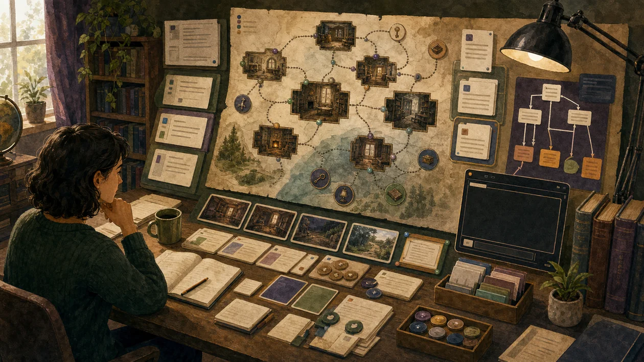 Illustration for Inform 7: interactive fiction forms from room maps, rules, and narrative paths