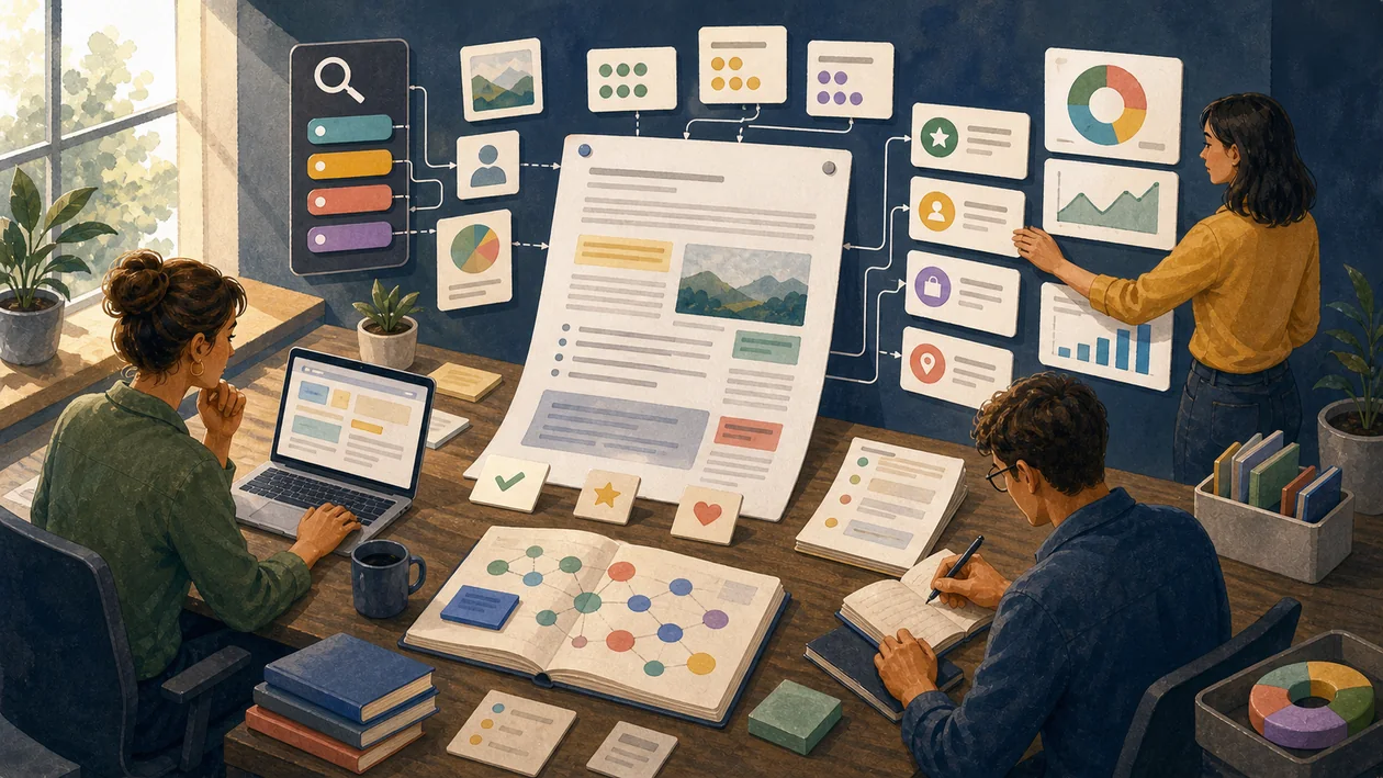 Illustration zu Ink: SEO-Content-Desk ordnet Entwuerfe, Suchintentionen und Optimierungssignale