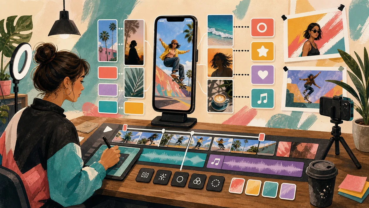 Illustration zu InShot: mobiler Videoschnitt mit Hochformat-Clips, Musikspuren und Creator-Exporten