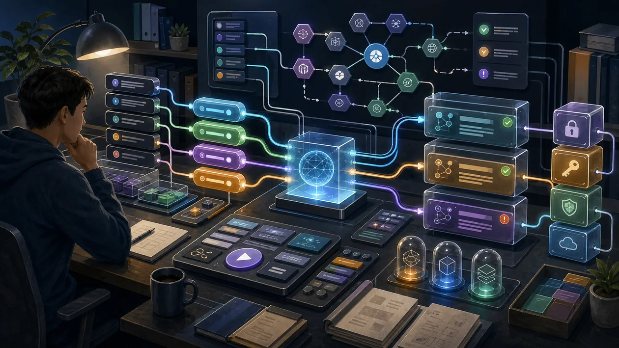 Illustration zu Insomnia: API-Anfragen laufen durch Testknoten, Antwortcontainer und Debug-Pfade