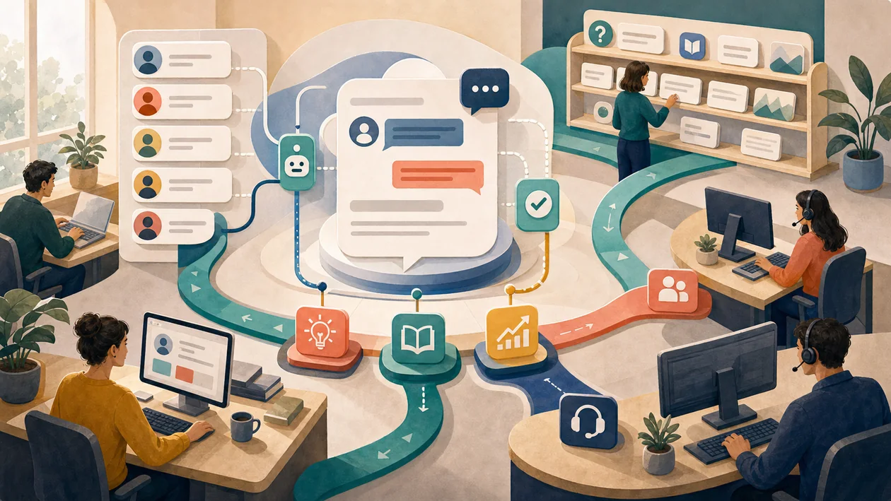 Illustration zu Intercom: Kundenchat, Help Center und Support-Handoffs in einem Service-Hub