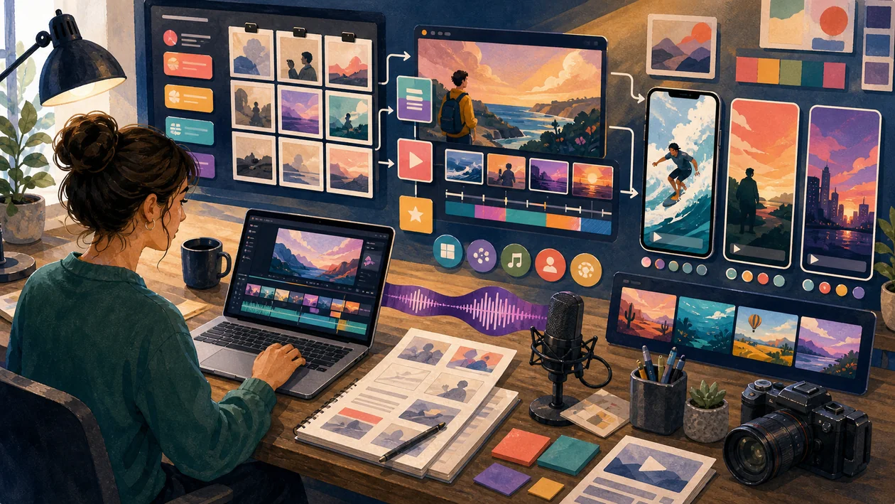 Illustration zu InVideo: Creator-Studio baut Social-Videos aus Storyboards, Szenen und Audiospuren
