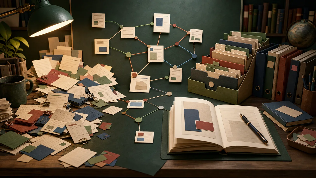Illustration zu JabRef: Literaturkarten, BibTeX-Quellen und Forschungsnotizen werden geordnet