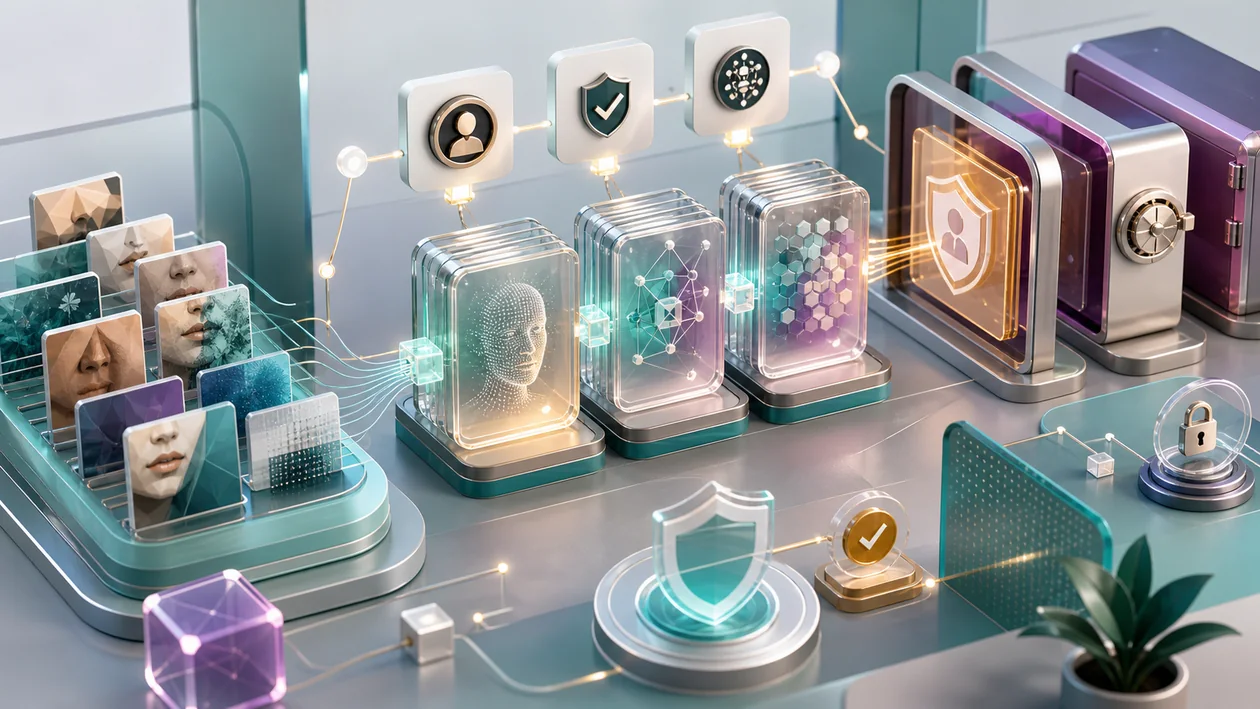 Illustration zu Kairos: visuelle Erkennung prueft Bildkacheln mit Datenschutz- und Review-Gates