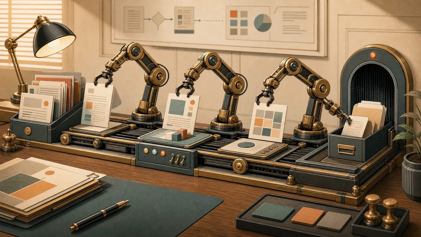 Illustration zu Kofax RPA: mechanische Arme bewegen Dokumente durch einen Backoffice-Prozess