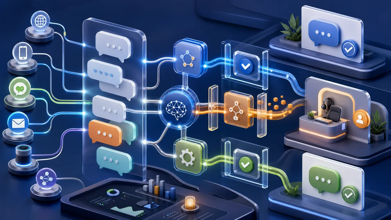 Illustration zu Kore.ai: Enterprise-Chatbot-Flows verbinden Intents, Kanaele und Eskalationen