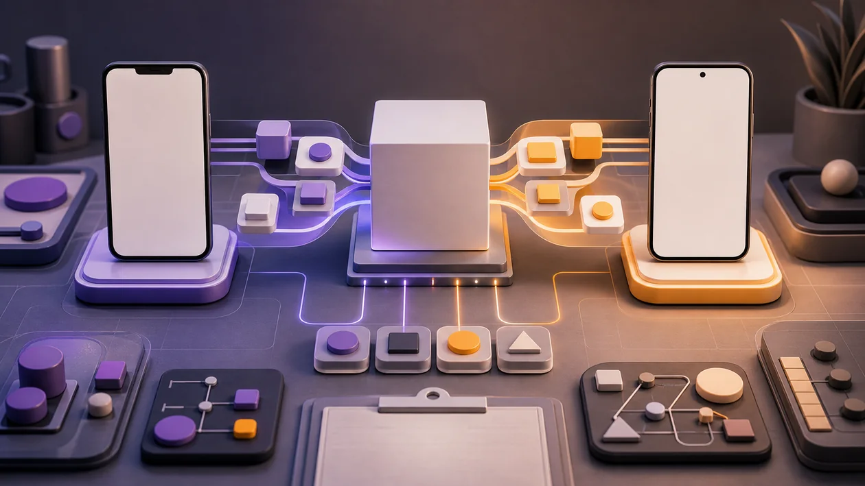 Illustration zu Kotlin Multiplatform Mobile: gemeinsamer Code fliesst in Android- und iOS-App-Bausteine