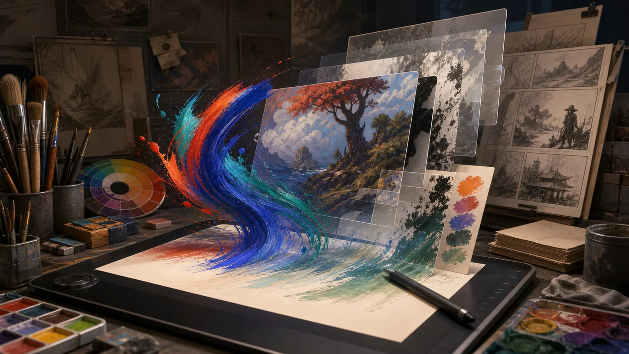 Illustration zu Krita: digitales Malatelier mit Pinseln, Ebenen und Comic-Entwuerfen