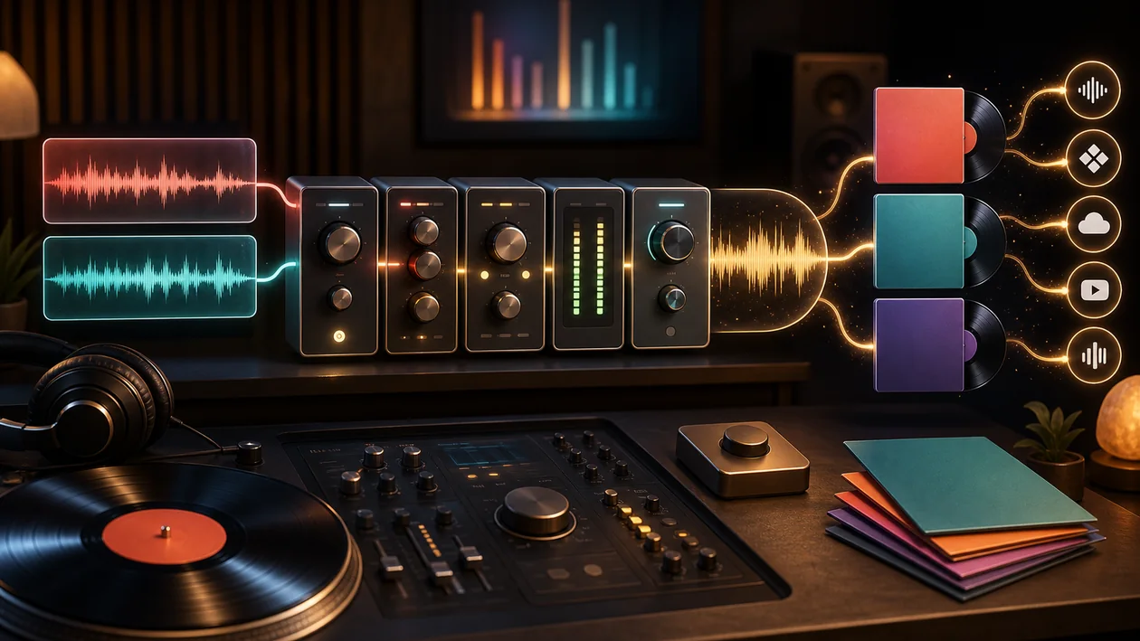 Illustration zu LANDR: Musikstudio mastert Tracks, prueft Pegel und plant Distribution
