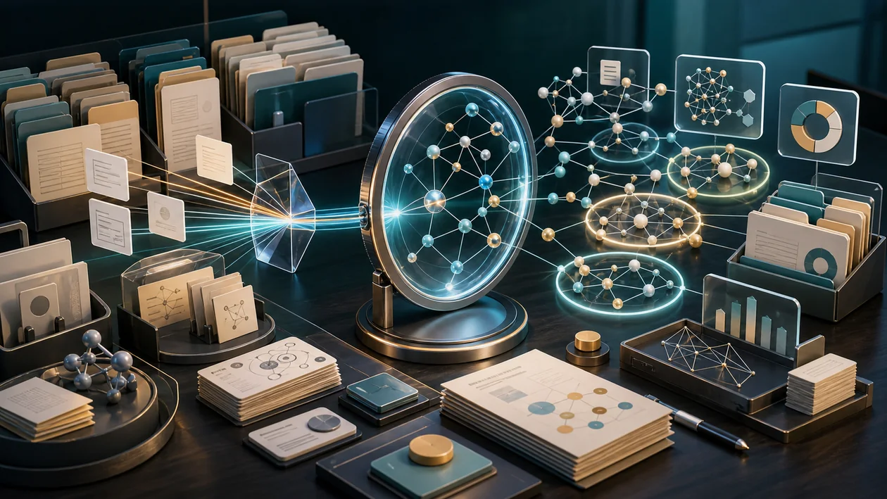 Illustration zu Lens.org: Patent- und Forschungskarten werden zu einem Wissensnetz verbunden
