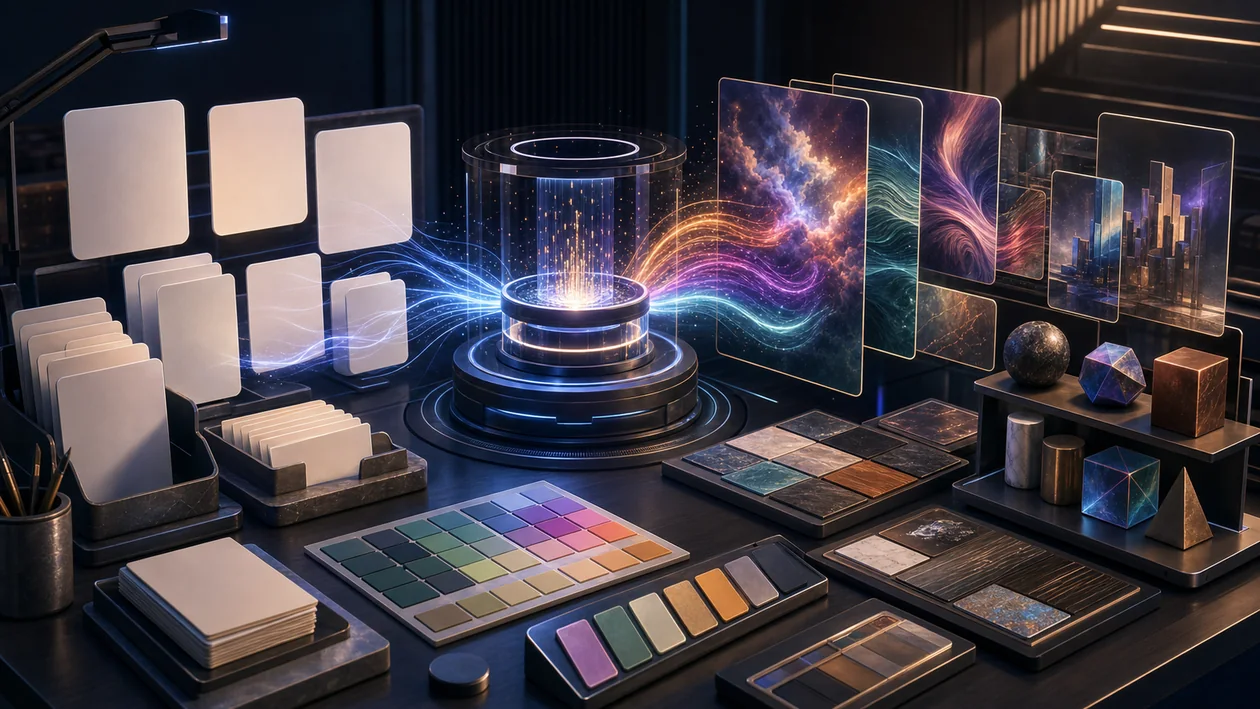 Illustration zu Leonardo AI: generative Designkarten werden zu abstrakten Assets und Stilvarianten